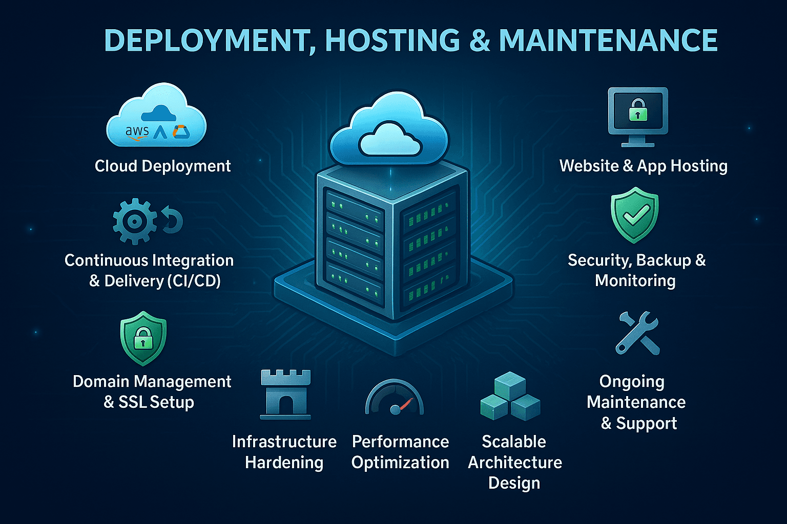 Cloud deployment, hosting, and cybersecurity management